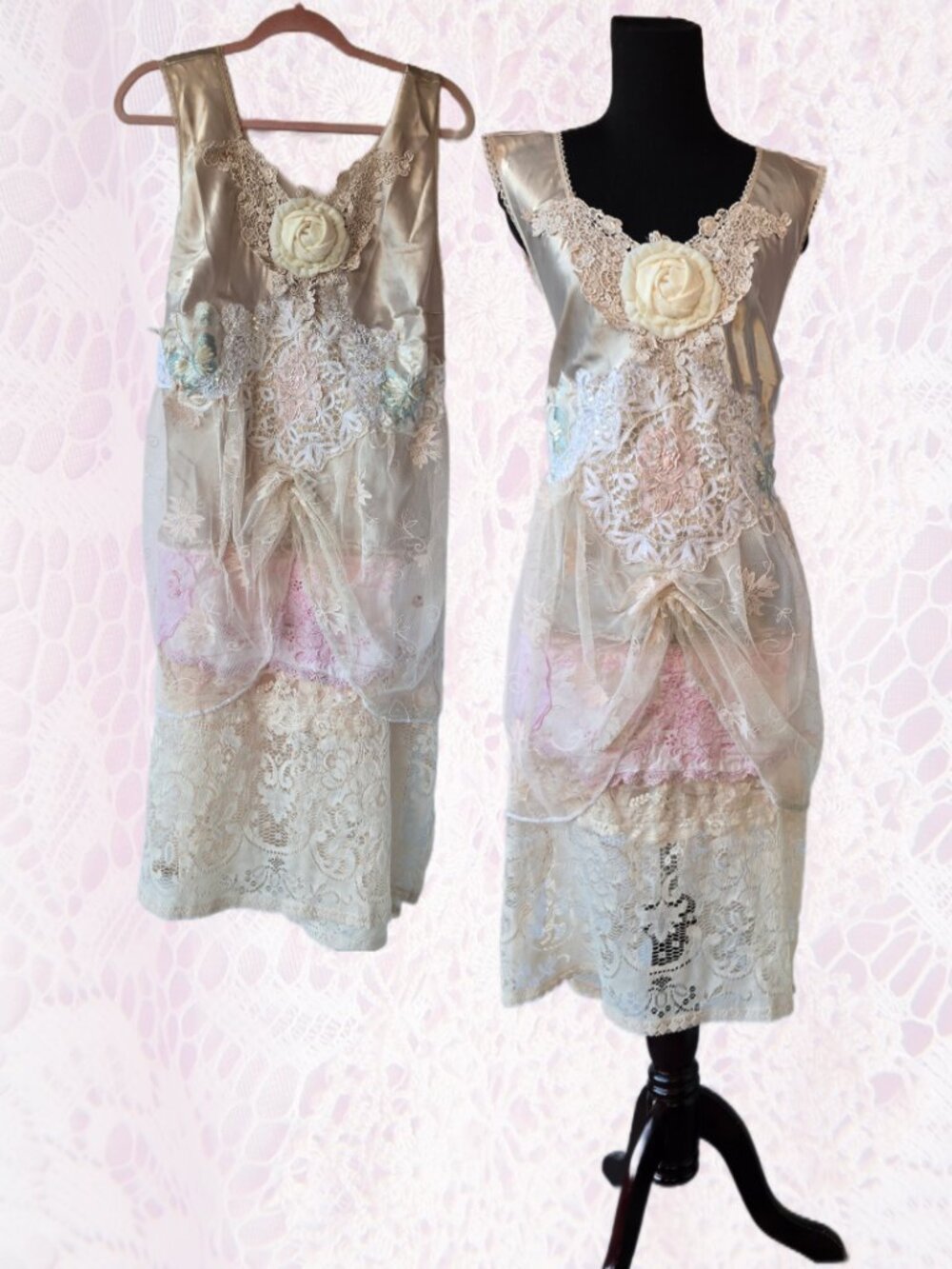 Handmade Dress Lace Butterfly and Vintage-style Rose Cream and Beige Boho Ballet